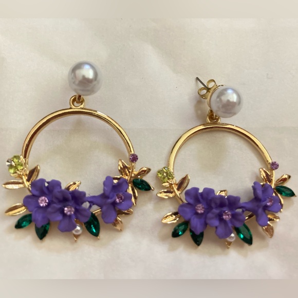 Purple floral pearl gold earrings - Picture 1 of 8